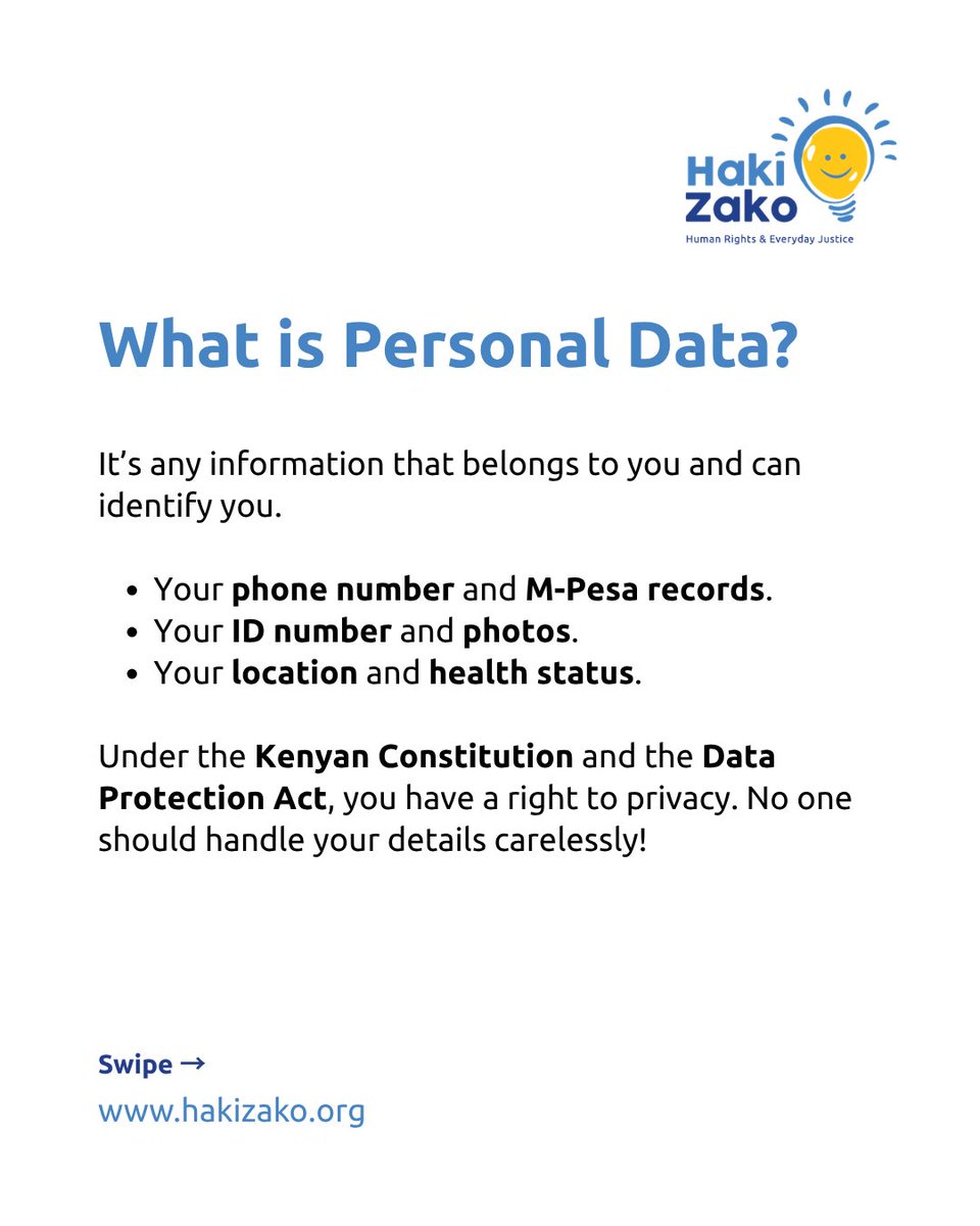 hakizako's tweet photo. Under Kenyan law, you have control over how companies use your phone number, ID, photos, and financial info. They can’t just collect it, share it, or hoard it without your permission!

Swipe through to see your rights as a mwananchi and what companies must do to keep your information safe.

Report any misbehavior to the @ODPC_KE (Office of the Data Protection Commissioner) 

#DataProtection #DigitalRights #FixingTheIDCrisis #juahakizako