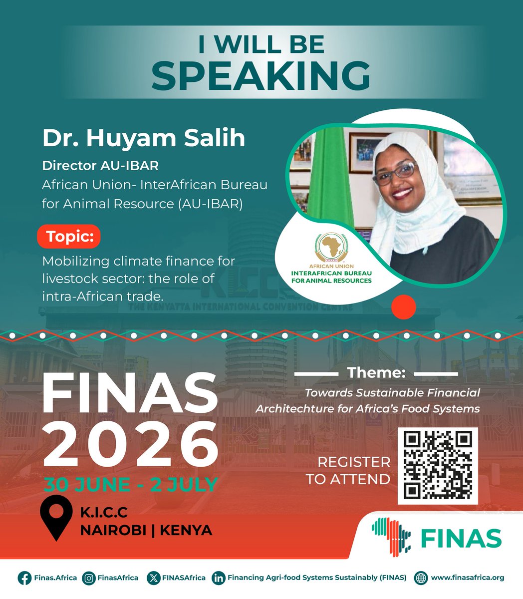 FINASAfrica's tweet photo. The future of Africa’s livestock sector depends on the investments we make today.

Meet Dr. Huyam Salih, Director of AU-IBAR, at FINAS 2026 as she leads an important discussion on mobilizing climate finance and leveraging intra-African trade to strengthen livestock systems across the continent.

This is more than a conversation—it’s an opportunity to shape a sustainable and food-secure Africa.

📍 KICC, Nairobi, Kenya
📅 30 June – 2 July 2026

🔗 Secure your place: https://t.co/VJD9eW3BT8

#FINAS2026 #AUIBAR #LivestockFinance #ClimateFinance #FoodSecurity