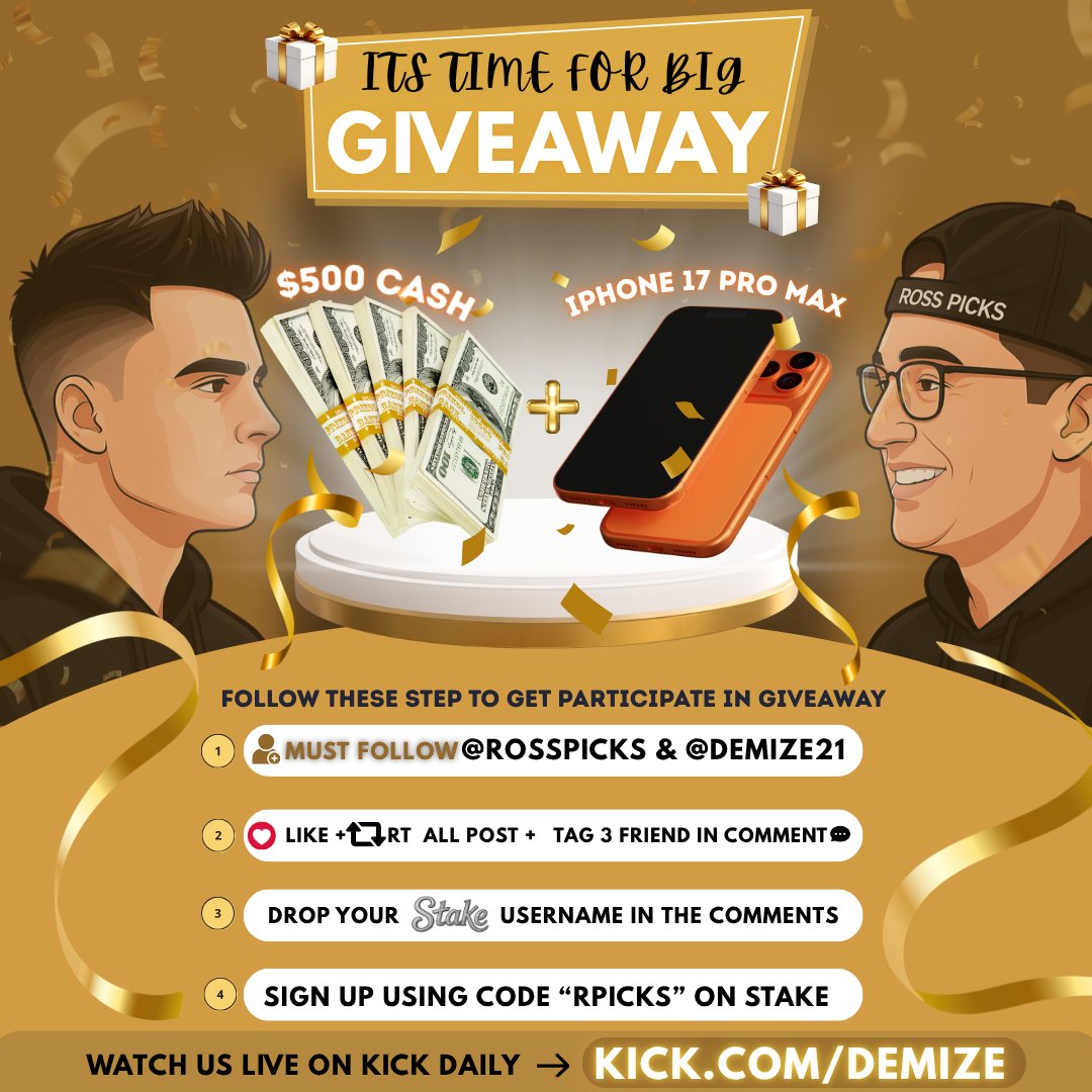 RossPicks's tweet photo. 🎉 $2500 BIG GIVEAWAY 🎉

📱1x iPhone 17 Pro Max + 💵 $500 Cash (5 Winners × $100)

HOW TO ENTER:

● Follow @ROSSPICKS & @demize21 
● Like + Repost All  Posts + Tag 3 Friends 
● Drop Your #Stake Username Below

✅ Sign Up Using Code "RPICKS" on @Stake

WINNERS WILL BE ANNOUNCED IN 7 DAYS ⏰
