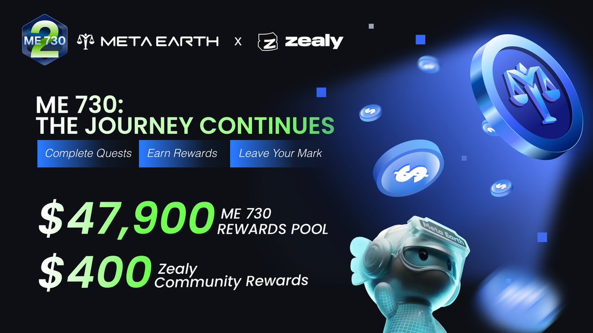 _MetaEarth_'s tweet photo. 🚀 #ME730 Zealy Campaign is LIVE!
 
We know the ME730 leaderboard is already firing up, with participants competing for a chance to win up to $20,000 USD from the $47,900 USD prize pool.
 
But alongside that, we’re bringing an additional layer of gamification for our community with more USDC rewards up for grab.
 
💰 𝐙𝐞𝐚𝐥𝐲 𝐑𝐞𝐰𝐚𝐫𝐝𝐬 𝐏𝐨𝐨𝐥: $𝟒𝟎𝟎 𝐔𝐒𝐃𝐂 - https://t.co/ILMB8BBtNX
 
1. 𝙇𝙚𝙖𝙙𝙚𝙧𝙗𝙤𝙖𝙧𝙙 𝙍𝙚𝙬𝙖𝙧𝙙𝙨 - $250 𝙐𝙎𝘿𝘾
Distributed based on ranking performance, consistency, and overall activity on Zealy.
 
2. 𝙐𝙂𝘾 𝙍𝙚𝙬𝙖𝙧𝙙𝙨 - $150 𝙐𝙎𝘿𝘾
Reserved for standout creators producing high-quality content that meets quest-specific criteria mentioned in each task.

𝗛𝗼𝘄 𝘁𝗼 𝗣𝗮𝗿𝘁𝗶𝗰𝗶𝗽𝗮𝘁𝗲: 
1. Join the Zealy quests and start completing tasks - https://t.co/ILMB8BBtNX
2. Follow the quest instructions carefully to ensure valid submissions 
3. Stay active and climb the leaderboard through consistent engagement 
4. Create impactful UGC content to qualify for additional rewards 
 
This is your chance to double down on your participation: compete, contribute, and earn both from the main ME730 leaderboard and Zealy rewards pool.
 
Let the quest mania begin!! 🚀