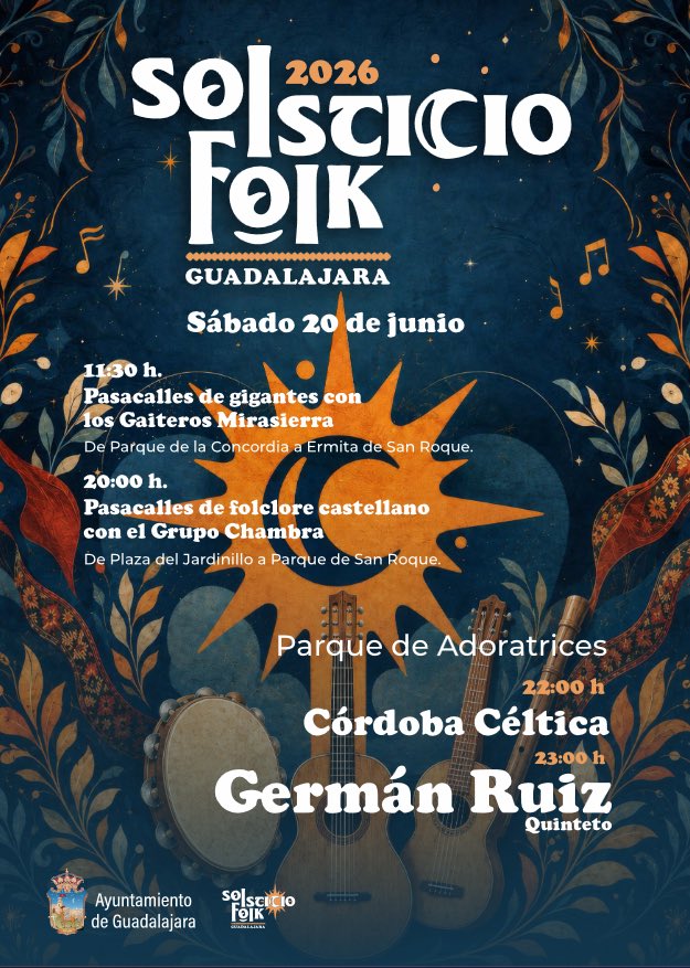 GuadalajaraAyto's tweet photo. 🎻☀️ Guadalajara recibe el verano con gigantes, gaitas y una gran noche de música folk este sábado 20 de junio.
🔗 https://t.co/hubm51Fpfc https://t.co/E65be4tM4w
