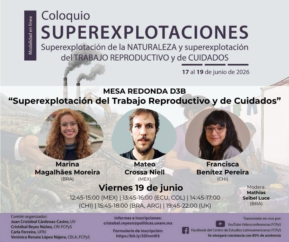CentroELA's tweet photo. 📢 Mesa Redonda 
“Superexplotación del trabajo reproductivo y de cuidados”
📅 Viernes 19 de junio
⏰ 12:45 hrs. (México)
💻 Modalidad en línea
📌 Consulta el programa e inscríbete:
https://t.co/qwf2NoWSg8 https://t.co/jWyG1ocaD4