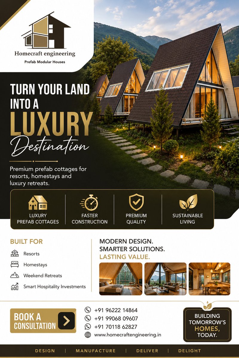 HomecraftE's tweet photo. Transform your land into a luxury destination with premium prefab modular cottages. 🏡✨From resorts and homestays to weekend retreats, our modern prefab solutions offer faster construction, premium quality, and sustainable living—all designed to maximize comfort and value. https://t.co/qN8AQEiY4L