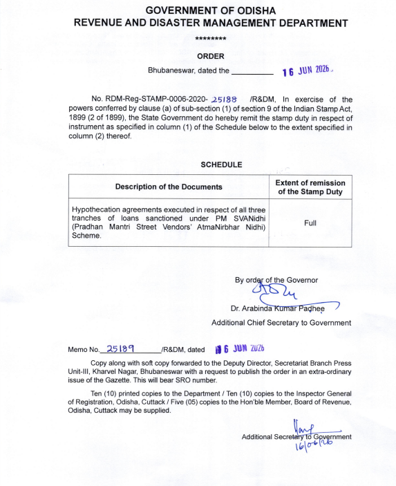 rdmodisha's tweet photo. Odisha Govt has granted full remission of stamp duty on Hypothecation Agreements under all three loan tranches of #PMSVANidhi. The move will ease access to credit, reduce borrowing costs, and strengthen livelihood opportunities for street vendors. https://t.co/08pUfceefu
