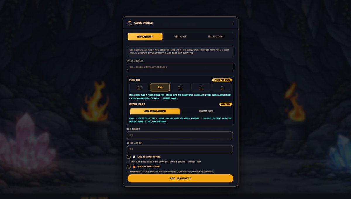 oggchain's tweet photo. 🔥 CAVESWAP IS LIVE 🔥

CaveSwap is built and LIVE. OGG now has its own native decentralized exchange, running right on Oggchain. No middlemen, no outside chains, no permission needed — just the tribe, the stone, and the fire. 🍖

🪨 WHAT YOU CAN DO RIGHT NOW

Swap freely — trade OGG and any token on Oggchain, with live price impact so you always see exactly what you're getting. Wrapping and unwrapping OGG ↔️ wOGG is built in, 1:1, no surprises.

👛 Bring your own wallet — connect with MetaMask, Trust Wallet, or SafePal and you're in. Walk into the cave with the wallet you already carry — no new tools, no friction. Point it at Oggchain and start trading.

📈 Live price charts — every pool has its own chart with multiple timeframes (1m all the way to 24h), pulling real on-chain history and updating live. Watch the fire rise in real time.

💧 Add liquidity / become an LP — drop your tokens into a pool and earn from every trade that flows through it.

⏳ Lock your liquidity — lock your LP for a set time to prove to the tribe you're not going anywhere. Time-locked, claimable only after the unlock date.

🔒 Vesting — lock the future in stone — set tokens on a release schedule that unlocks over time, not all at once. Founders, teams, early tribe — prove your hands are steady. The cave holds it, the schedule releases it, and everyone can see the bones of the deal. No quiet dumps. No surprises.

🔥 Burn liquidity — send LP to the fire forever. Permanent. Trustless. The strongest signal there is.

🗺 Cave Pools explorer — see every pool on CaveSwap, how much liquidity is locked or burned in each, and add liquidity to any of them. The golden rule of the cave: you can only ever touch the LP you hold — never anyone else's. Your share is yours, the owner's is theirs.

👁 THE WATCH TERMINAL — your Screener, native to Oggchain

📜 Live token list — every OGG pair, ranked by liquidity, each showing price and how much LP is locked or burned at a glance.

 🔄 Trade right there — a built-in Buy/Sell panel runs the same trustless swap engine, so you can act on a token the moment you spot it, no screen-jumping. 

🧾 Trade history in the open — every Buy and Sell: how much, in OGG, which wallet, and when. Nothing hidden in the dark. 👤 My Trades · 🐋 Holders · 🏆 Top Traders — see your own moves, who holds, and who's trading hardest. 

📊 Full project info — price, market cap, liquidity, 24h volume, circulating / total / pooled supply, whether liquidity is locked, when the pool was born, plus the project's socials — all in one card. 👍👎 

Community Score — the tribe speaks. Vote a project up or down.

🔎 One-tap OGGSCAN — jump straight to any token on the explorer to verify before you trade. 

📱 And it all works on mobile — the cave fits in your pocket.

🔓 OPEN SOURCE — NOTHING HIDDEN IN THE DARK
CaveSwap's code is fully open source. The whole cave is out in the light — read it, audit it, fork it, build on it. No black boxes, no trust-me-bro. The stone is yours to inspect. That's how the tribe does it.

🔮 THIS IS THE FOUNDATION, NOT THE FINISH LINE
Everything we just shipped — the swap, the wallets, the pools, the locks, the vesting, the burns, the Watch terminal, and the open code — is the base layer the rest of the OGG ecosystem gets built on. 

🪨 THE BASE IS LAID
OGG now awaits for miningpoolstats, more pools, and work for a new exchange.

Once OGG reaches this milestones, OGG opens the bridge to Solana land 🌉 and starts its memeland journey across the sea. 

🦴 Ogg strong Together 🦴