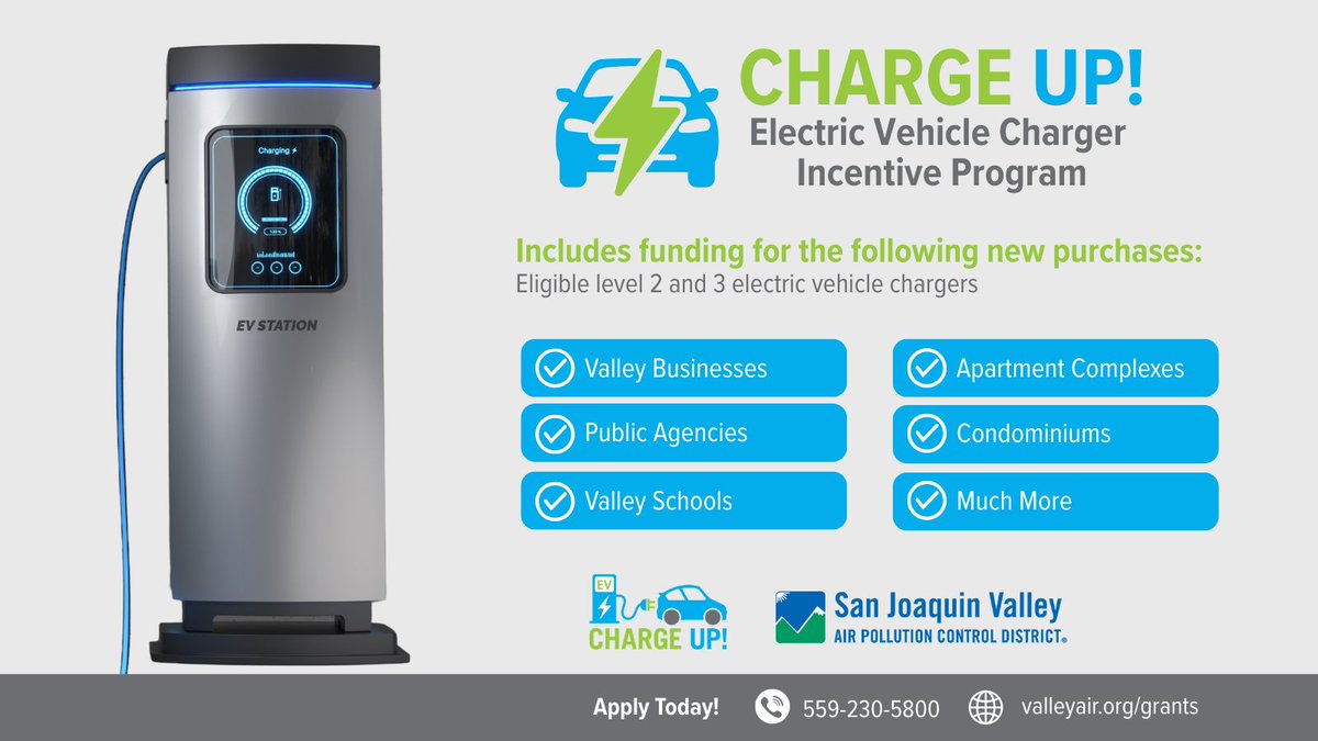 ValleyAir's tweet photo. Upgrade your business with EV charging through the Charge Up! Program. Funding is available for advanced electric vehicle chargers for businesses, agencies, and more. Apply today at https://t.co/5RctkgoIzc https://t.co/GKR8LGhf1x