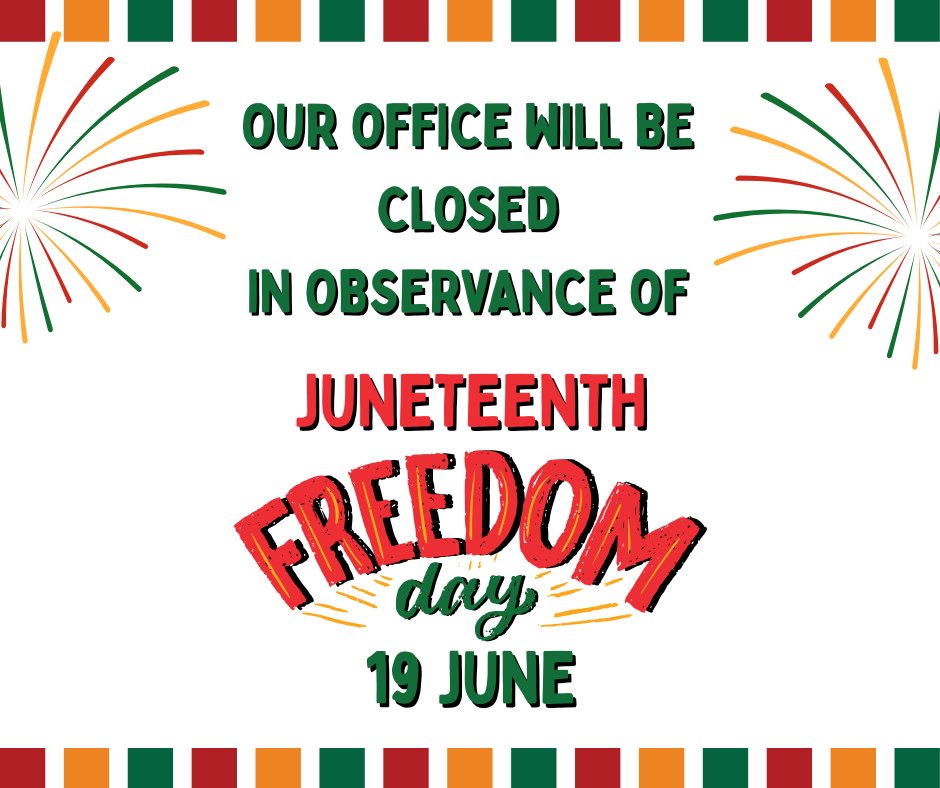 AcademyGOIE's tweet photo. 🎆 Our office will be closed Fri, June 19th in observance of Juneteenth  Freedom Day! Juneteenth commemorates the end of slavery &amp; celebrates the resilience, culture &amp; achievements of the Black community. We resume regular hours Mon, June 22nd #Juneteenth #FreedomDay #AcademyGOIE https://t.co/QPlGa88nI8