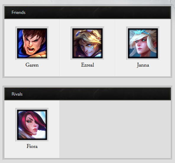 ttwisted35's tweet photo. checking the old League website and it's so funny that champions had sections for 'Friends' and 'Rivals'

some of these feel so random now (and probably back then), like what did Lux have against Fiora and how did she know Janna? https://t.co/VdLDHQa5U6