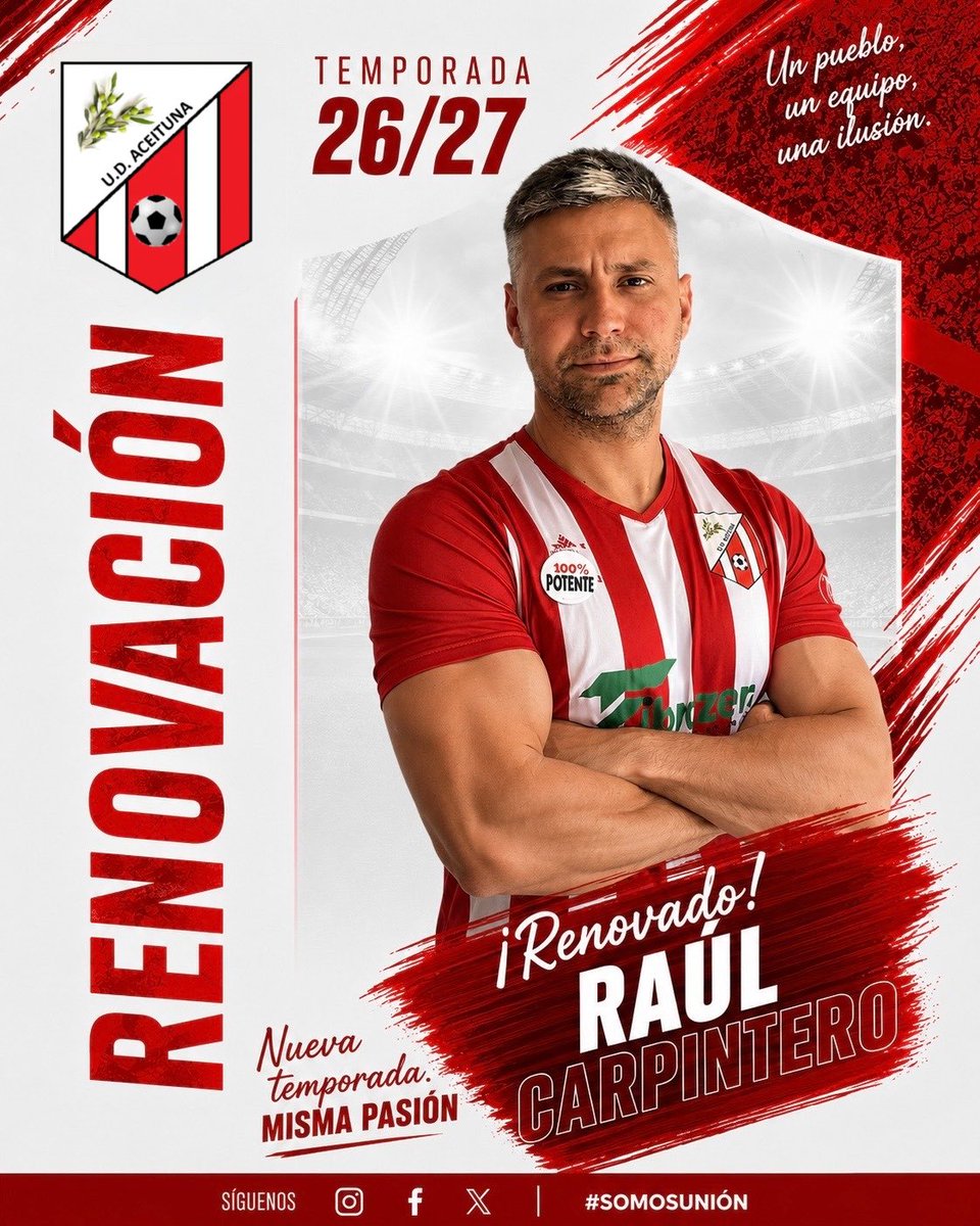 udaceituna's tweet photo. 🔴⚪️RENOVADO🔴⚪️

Raúl Carpintero continuará una temporada más defendiendo la banda izquierda de la Unión.

Velocidad, fuerza, contundencia y un compromiso innegociable. Un futbolista de los que nunca se guardan nada y que siempre está dispuesto a dejarse el alma por este escudo. https://t.co/hkqxtf2XKJ