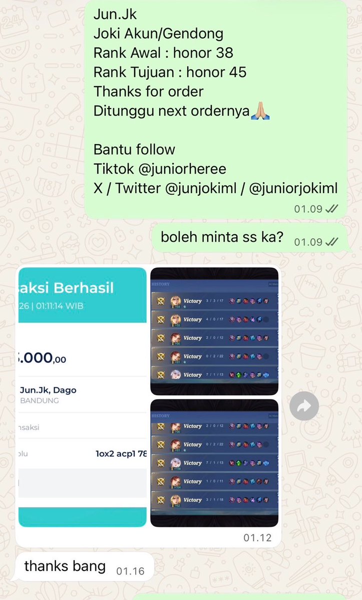 JunJokiML's tweet photo. DONE

joki legend 17⭐️
joki glonor 7⭐️
jokgen honor 7⭐️
jokgen glomo 5⭐️

yang mau joki ml/gendong sung aja chat wa dibio ya https://t.co/xtROXVGtLd