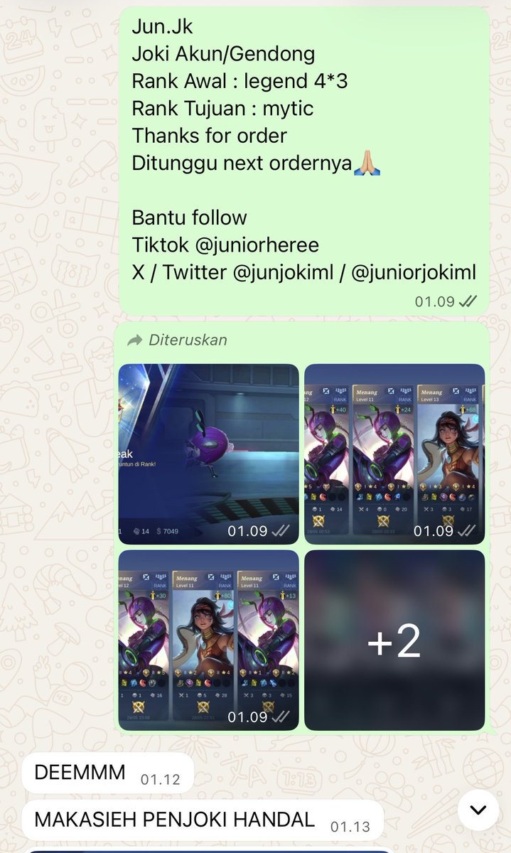JunJokiML's tweet photo. DONE

joki legend 17⭐️
joki glonor 7⭐️
jokgen honor 7⭐️
jokgen glomo 5⭐️

yang mau joki ml/gendong sung aja chat wa dibio ya https://t.co/xtROXVGtLd
