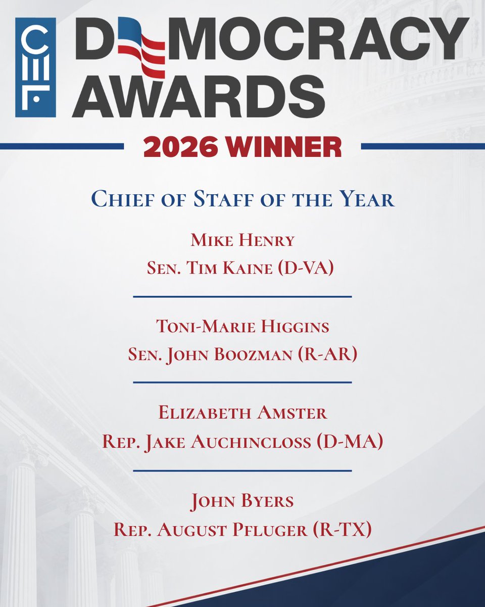 congressfdn's tweet photo. WINNERS: Chief of Staff of The Year @henry_mike with @SenTimKaine, Toni-Marie Higgins with @JohnBoozman, Elizabeth Amster with @RepAuchincloss, and John Byers with @RepPfluger https://t.co/WfdQmlTblK