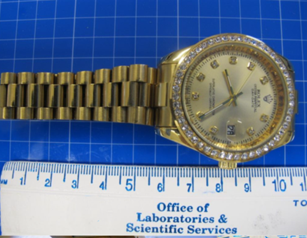 CBPLSSAC's tweet photo. Busted! ⌚️🚫 @CBP Laboratories & Scientific Services teamed up with @SFPD to expose a fake Rolex® disguised as 18K gold. 🔬 Cutting-edge tech helps protect consumers and intellectual property from counterfeit goods! #Counterfeit #LabWork #TradeEnforcement #IPR https://t.co/DA0fRTwJF7