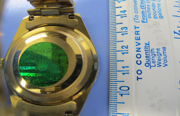 CBPLSSAC's tweet photo. Busted! ⌚️🚫 @CBP Laboratories & Scientific Services teamed up with @SFPD to expose a fake Rolex® disguised as 18K gold. 🔬 Cutting-edge tech helps protect consumers and intellectual property from counterfeit goods! #Counterfeit #LabWork #TradeEnforcement #IPR https://t.co/DA0fRTwJF7