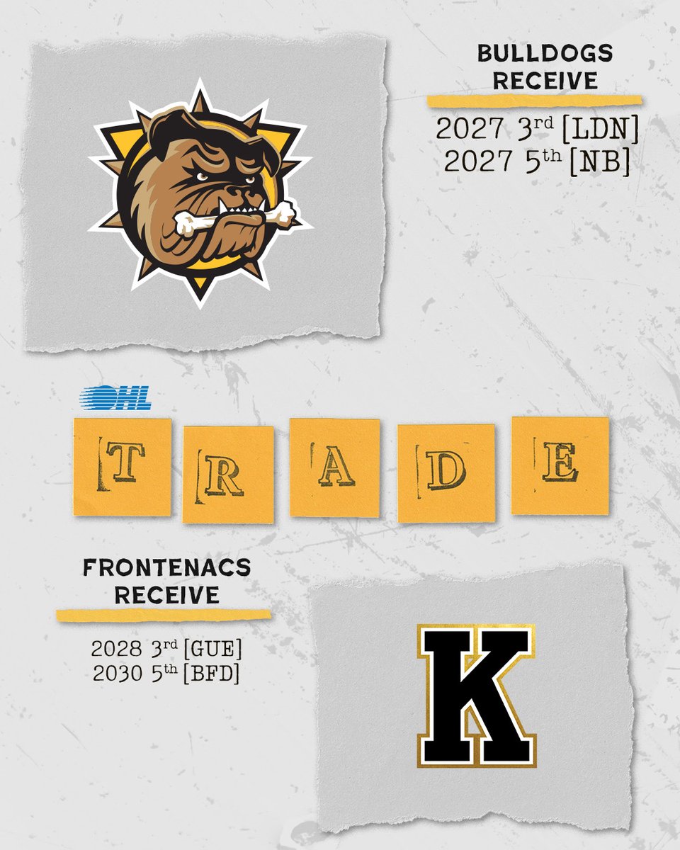Bulldogs_PR's tweet photo. The Brantford Bulldogs have complete a trade with the Kingston Frontenacs, acquiring; 2027 3rd (LDN) & 2027 5th (NB) in exchange for 2028 3rd (GUE) & 2030 5th (BFD).
#BFD #OHL https://t.co/PfA4Xl4QtT