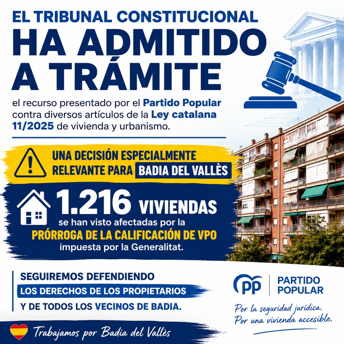 PpBadia's tweet photo. ⚖️ Admitido a trámite el recurso del PP: seguimos defendiendo los derechos de los propietarios y las 1.216 viviendas afectadas de Badia del Vallès. 💙🇪🇸
#BadiaDelVallès #VPO #PP #Badia #Vivienda #SeguridadJurídica https://t.co/ctzvdao1Hj