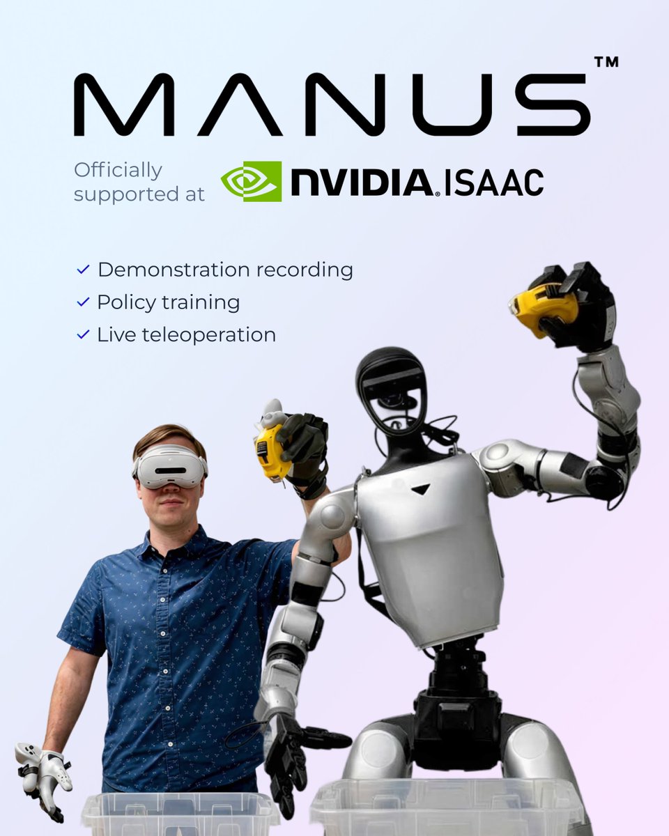 Knoxlabs's tweet photo. MANUS is the only officially supported data glove in NVIDIA Isaac Lab and Isaac Teleop.

Isaac Lab is where teams train dexterous manipulation policies in simulation. Isaac Teleop is how they run those policies on real robots.

Teams use it for:
- demonstration recording
- policy training
- live teleoperation on physical robots.
Available through Knoxlabs as part of a complete robotics stack.