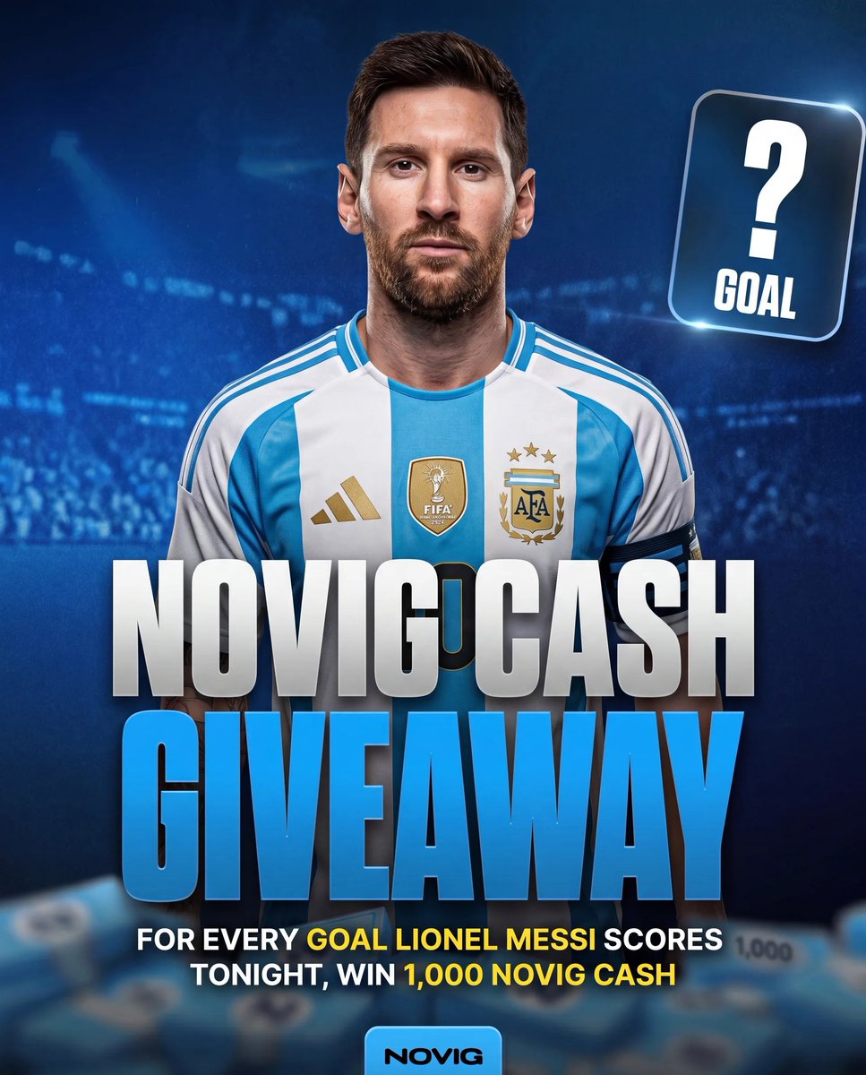 Novig's tweet photo. Novig Cash Giveaway 💰⚽

Lionel Messi takes the pitch tonight.

For every goal Messi scores, one lucky winner will receive 1,000 Novig Cash.

To enter:

1️⃣ Follow @novig
2️⃣ Repost this post
3️⃣ Tag a friend https://t.co/HQu1i8Jd2S