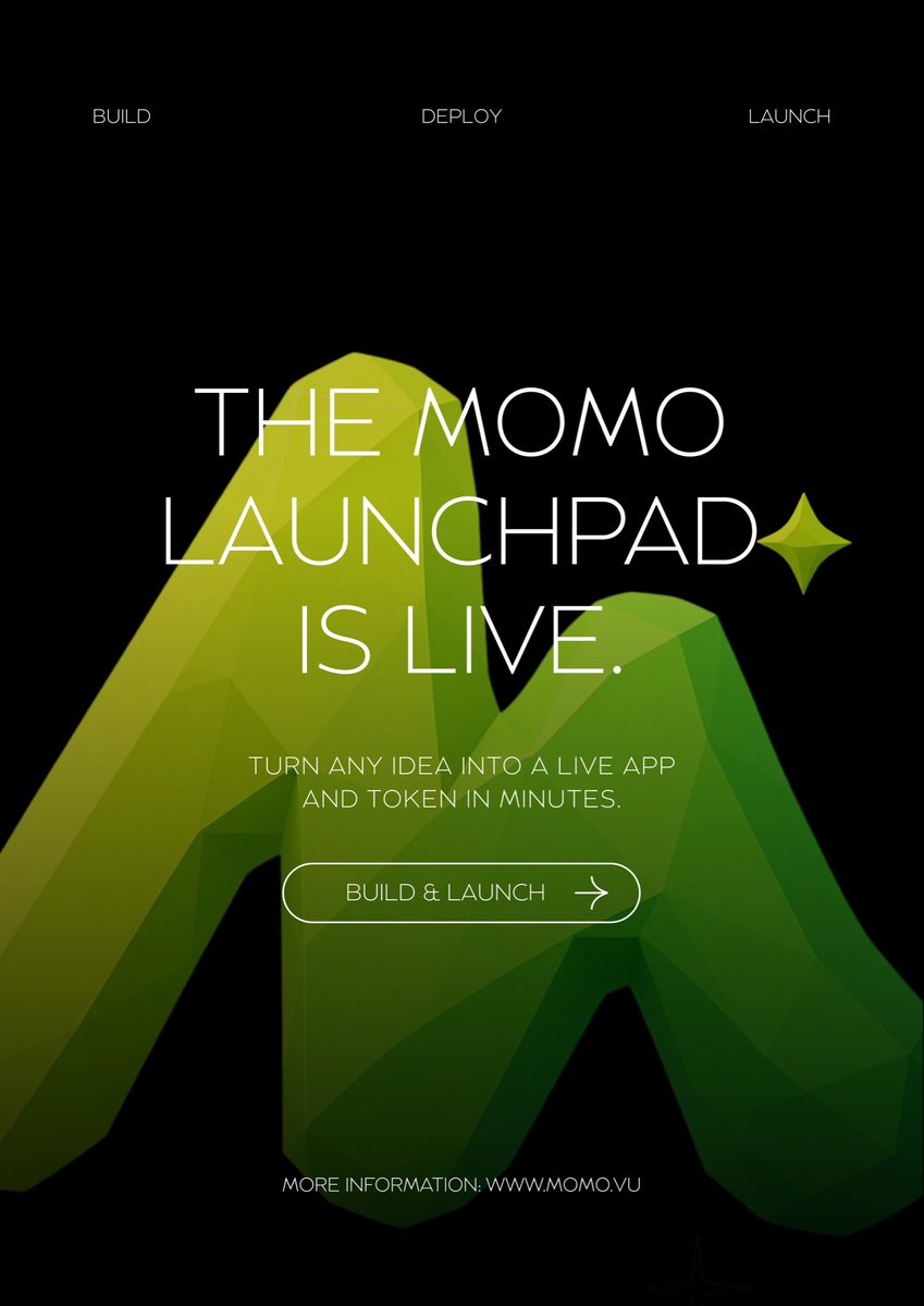 Momo_Agent_'s tweet photo. The MOMO launchpad is live.

MOMO is an AI builder for Solana-native apps. You describe what you want and it builds a full app for you, frontend and backend, then deploys it to a real live URL.

Now you can go one step further. Once your app is deployed, you can launch a token for it on https://t.co/WeG4EySrQu without leaving the dashboard. Connect your Solana wallet, review the details, and sign the transaction yourself. Nothing is custodial, your wallet and your keys stay in your control the entire time. Seconds later the token is live and tied directly to your app.

That means the whole journey lives in one place: idea, app, deploy, token.

This is still in public testing, so you will hit rough edges. Tell us what breaks and we will fix it fast.

Try it at https://t.co/A7w9cg6ihu
