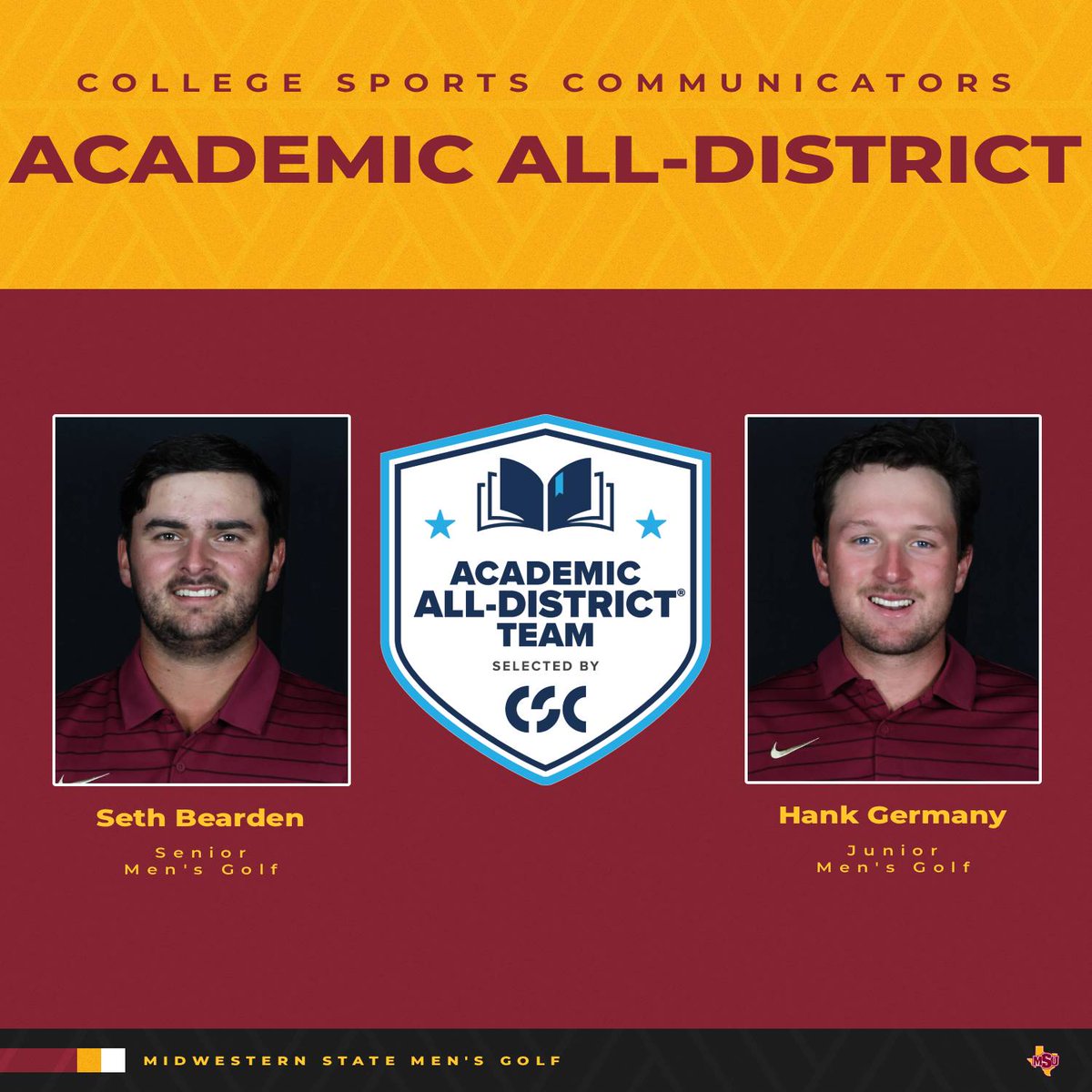 MSUMustangs's tweet photo. ⛳️CSC ACADEMIC ALL-DISTRICT

Six members of the Midwestern Golf programs have been named to the CSC At-Large Academic All-District Team.

WGOLF: Mary Kerr, Romane Lacoste, Kodi Nolen, and Madison Wert

MGOLF: Seth Bearden and Hank Germany

#StangGang https://t.co/GP9h6cYmL5