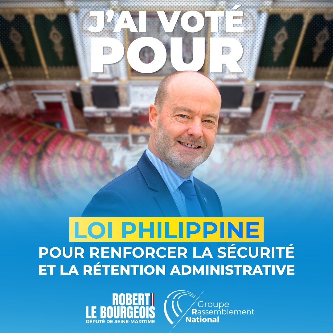 LeBourgeois7610's tweet photo. 🇫🇷 Loi Philippine : j'ai voté POUR, et elle vient d'être adoptée !

Près de deux ans après l'assassinat de Philippine, violée et tuée le 20 septembre 2024 par un migrant en situation irrégulière, sous OQTF, libéré quelques jours plus tôt d'un centre de rétention administrative… l’Assemblée nationale a enfin agi.

✅ Le temps de rétention en centre de rétention administrative (CRA) sera donc allongé pour les étrangers illégaux, lorsqu’ils représentent un danger ou une menace terroriste pour la France.

Mais pour qu’un tel drame ne se reproduise plus jamais, il reste encore beaucoup à faire : seul le Rassemblement National rétablira la fermeté en matière migratoire.

#DirectAN