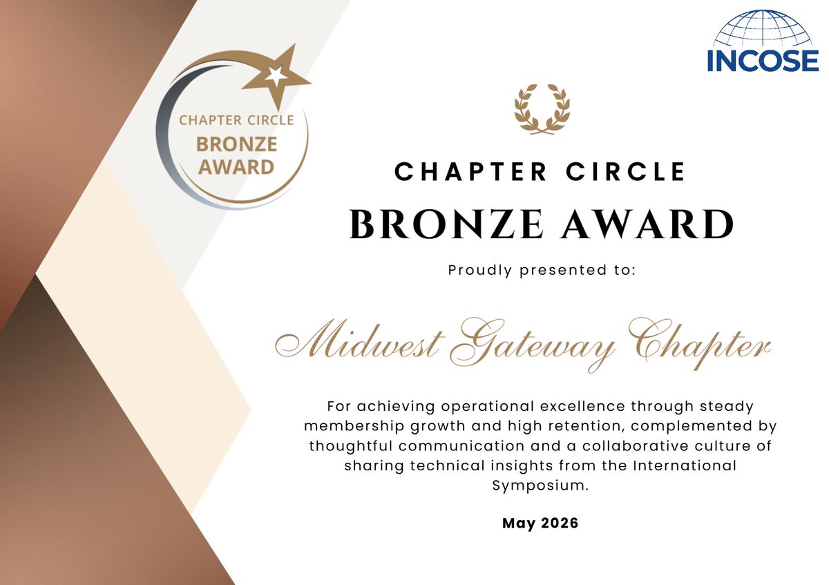 incose_org's tweet photo. 🥉 Congratulations to the #INCOSE Midwest Gateway Chapter on earning a Bronze Chapter Circle Award! They achieved operational excellence through steady membership growth,great retention,a collaborative culture of sharing technical insights. Way to go! https://t.co/IH7ZhW1ETR https://t.co/QdgWltIR23