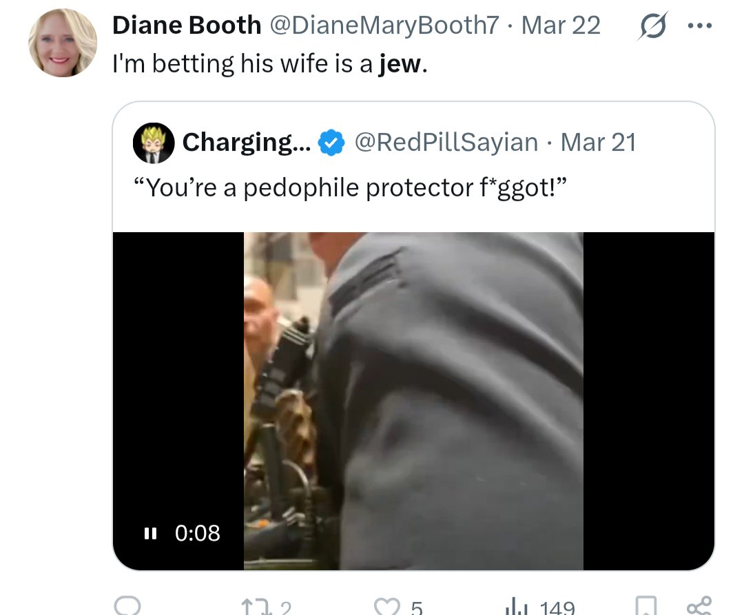3action's tweet photo. @Cleopatra653169 @grrrimarobot @Truth_in_Number @DianeMaryBooth7 Also, that bitch, @DianeMaryBooth7, that you're so vigorously defending is a Nazi piece of shit. https://t.co/CVPpk8SpFL