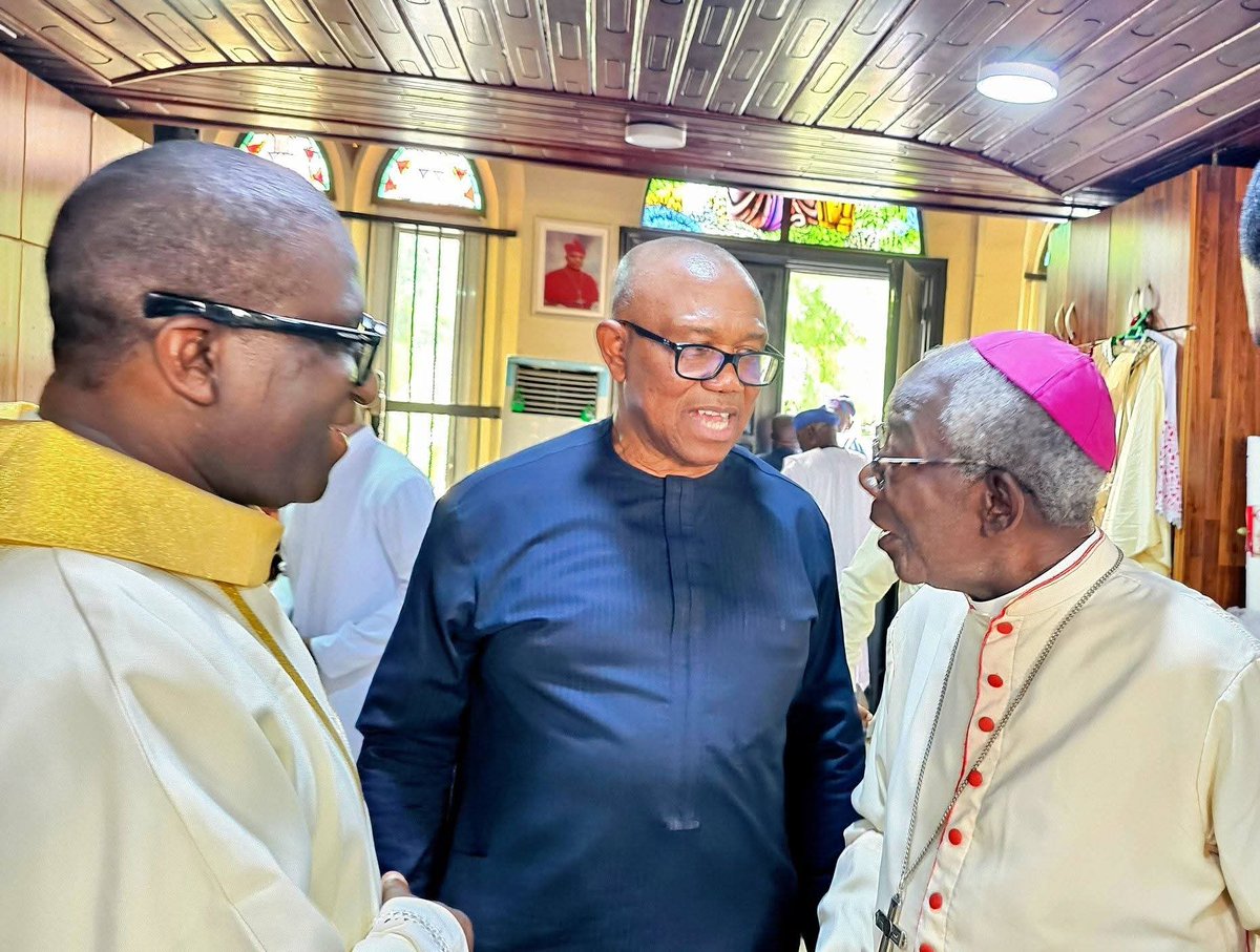 FrUgochukwu's tweet photo. Mr Peter Obi at the Holy Cross Cathedral, Lagos this morning for the 90th birthday, 60th priestly ordination anniversary, and 55th episcopal ordination anniversary celebrations of Cardinal Okogie. https://t.co/gkLFqnR9Ts