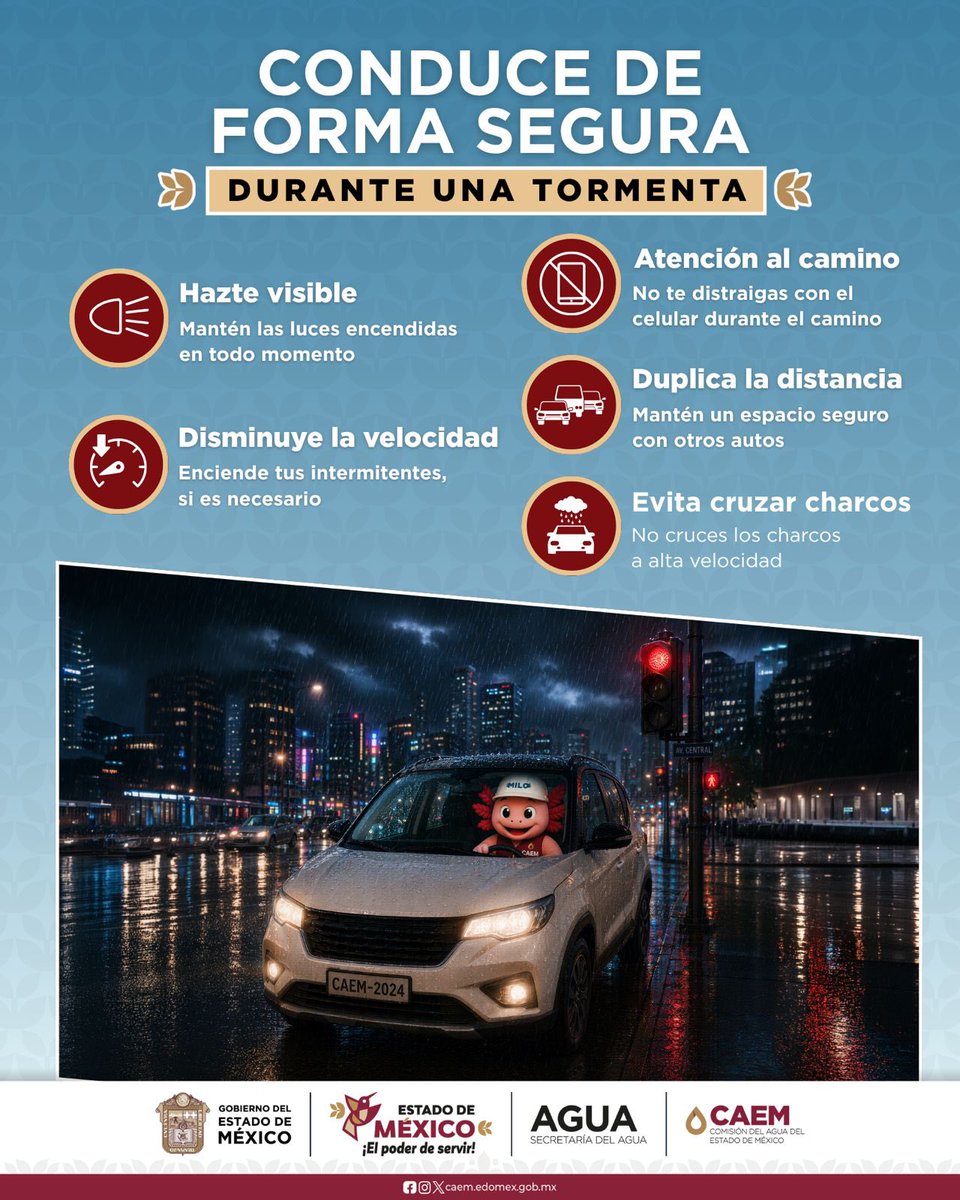 DGAJur's tweet photo. 🌧️🚘 Tu seguridad también es parte de la prevención.
En esta temporada de lluvias, la @CAEM_EDOMEX te comparte algunas recomendaciones para conducir de forma segura durante una tormenta y reducir riesgos en el camino.
Prevenir también es proteger.
#ElPoderDeServir https://t.co/uRbMbgOjGN