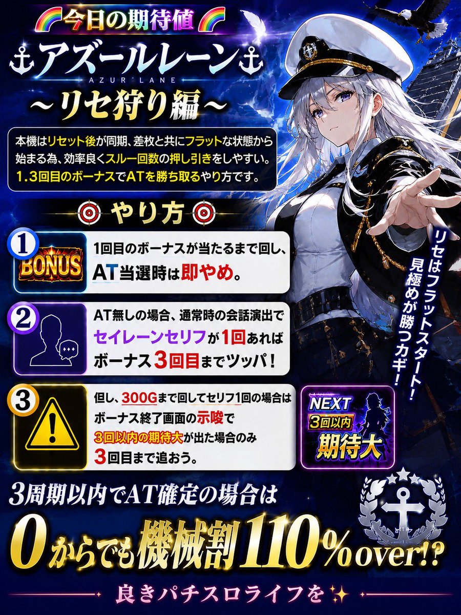 g9mt6f's tweet photo. 🌈「今日の期待値」🌈

🚢アズールレーン🚢

～リセ狩り編～

本機はリセット後が周期、差枚と共にフラットな状態から始まる為、効率良くスルー回数の押し引きをしやすい。1.3回目のボーナスでATを勝ち取るやり方です😎

🎯やり方🎯

1回目のボーナスが当たるまで回し、AT当選時は即やめ。

AT無しの場合、通常時の会話演出でセイレーンセリフが1回あればボーナス3回目までツッパ！

但し、300Gまで回してセリフ1回の場合はボーナス終了画面の示唆で3回以内の期待大が出た場合のみ3回目まで追おう。

3周期以内でAT確定の場合は0からでも機械割110%over！？

良きパチスロライフを✨
下のオプチャで雑談しましょう！