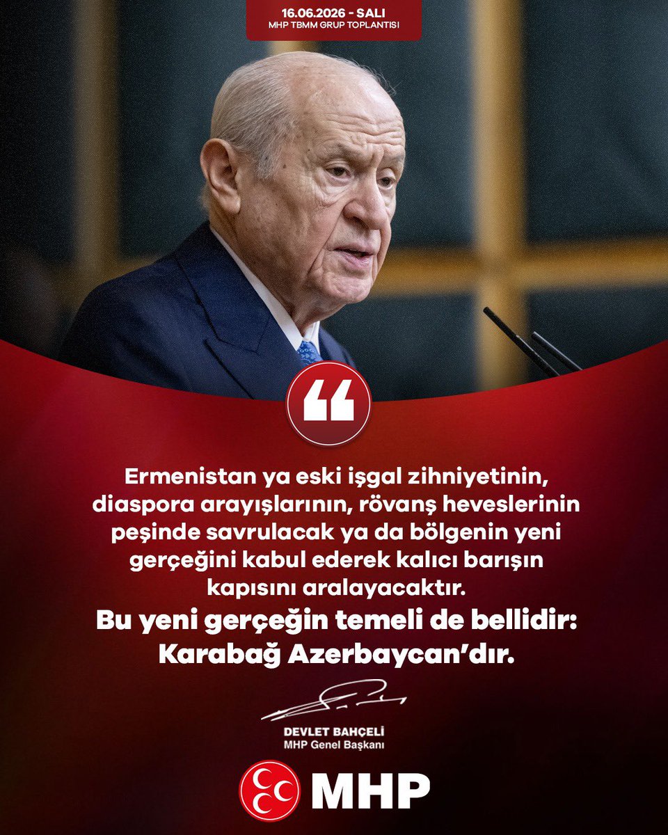 Ulku_Ocaklari's tweet photo. Ermenistan ya eski işgal zihniyetinin, diaspora arayışlarının, rövanş heveslerinin peşinde savrulacak ya da bölgenin yeni gerçeğini kabul ederek kalıcı barışın kapısını aralayacaktır.
Bu yeni gerçeğin temeli de bellidir: Karabağ Azerbaycan’dır.

MHP Genel Başkanı
Devlet BAHÇELİ https://t.co/CcNVWI7VYt