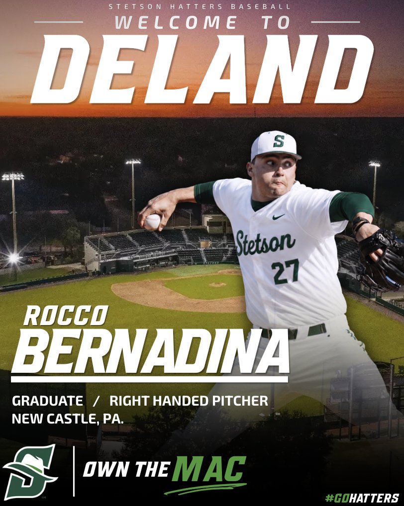 StetsonBaseball's tweet photo. A new arm joins the staff! 🤠

Welcome to DeLand, @RoccoBernadina8  

#GoHatters | #OwnTheMAC https://t.co/EtysHsTi5r