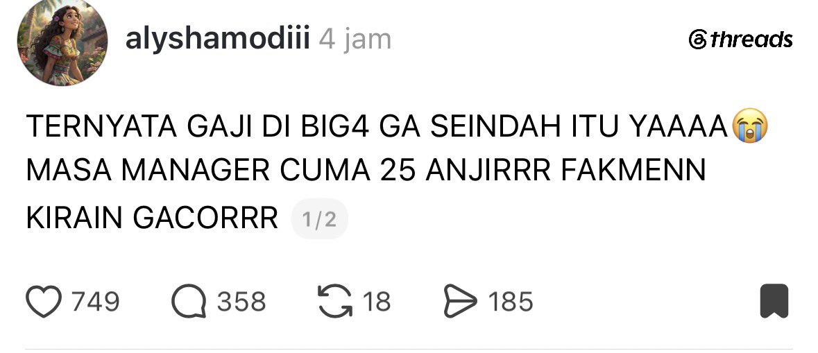 TwipsX's tweet photo. Banyak yang kaget pas tau gaji di Big 4 ternyata nggak segacor yang dibayangin. 😅

Estimasi gaji bulanan:

• Intern: Rp2–5 juta
• Associate/Auditor Junior: Rp5–8 juta
• Senior Associate: Rp8–15 juta
• Assistant Manager: Rp15–22 juta
• Manager: Rp20–35 juta
• Senior Manager: Rp35–60 juta
• Partner: Rp100 juta+ (bahkan bisa jauh lebih tinggi)

Gaji segini terbilang masih biasa karena di kota-kota besar seperti Jakarta, angka Rp20–30 juta untuk level manajer bukan lagi kategori yang bisa dibilang luar biasa.

Tapi menurut gue tetep worth it, karena yang bikin orang tetap ngincer Big 4 bukan cuma gajinya, tapi:

✅ Brand name di CV
✅ Networking
✅ Exit opportunity ke perusahaan besar
✅ Jalur karier yang jelas

Banyak CFO, Finance Director, sampai petinggi perusahaan yang memulai kariernya dari Big 4.

Jadi menurut kalian, worth it nggak kerja di Big 4? 🤔