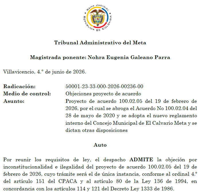 TADMETA's tweet photo. @TADMETA Publica Auto Admite medio de control OBJECIONES A PROYECTO DE ACUERDO del ALCALDE MUNICIPIO DE EL CALVARIO, META, frente al Proyecto de Acuerdo Municipal No. 100.02.05 del 19/feb/2026. Para más información accede el enlace https://t.co/Cey5JxrOKY https://t.co/d6JfdpBBBO