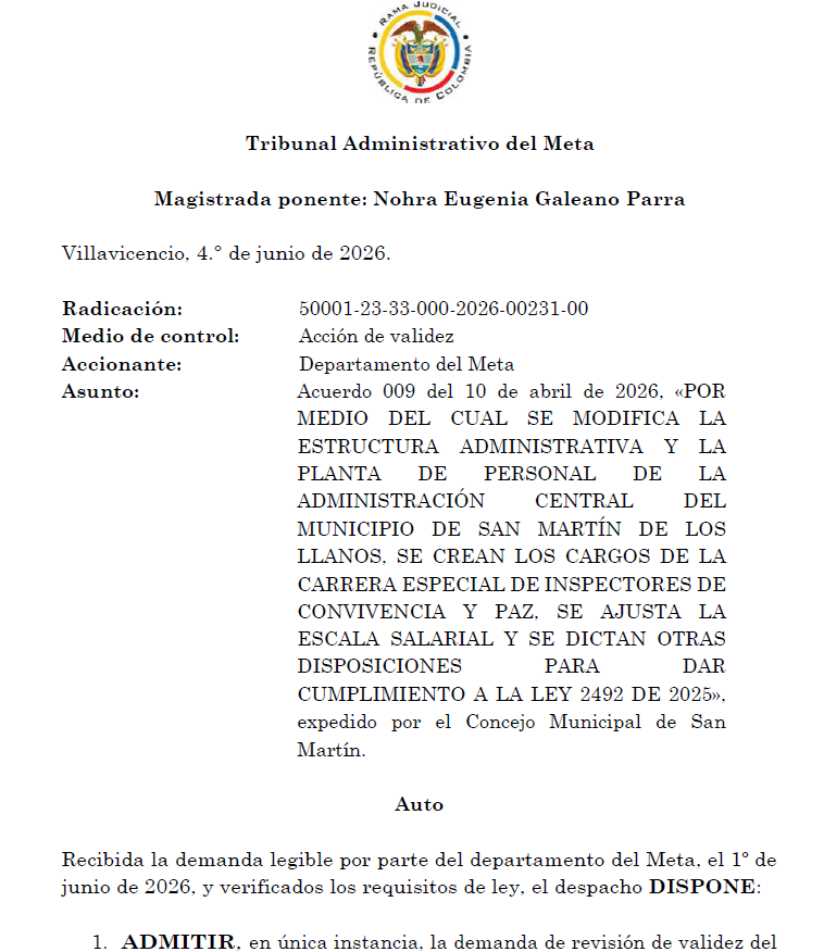 TADMETA's tweet photo. @TADMETA Publica Auto Admite medio de control ACCIÓN DE VALIDEZ de la GOBERNADORA DEL DEPARTAMENTO DEL META frente al Acuerdo Municipal No. 009 del 10/abr/2026 expedido por el Concejo Municipal de San Martín, Meta. Para más información accede el enlace https://t.co/Cey5JxrOKY https://t.co/GO5rql1n6S