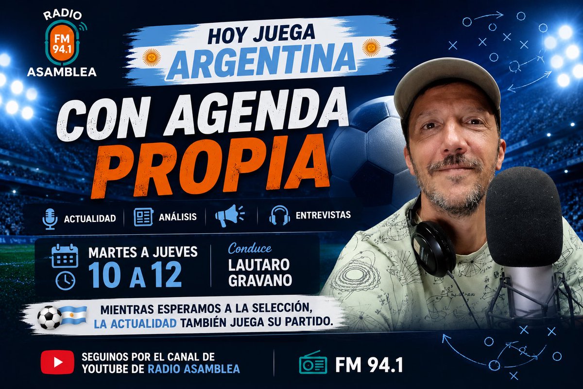 radioasamblea's tweet photo. 🇦🇷 Se juega Argentina y la previa arranca en #ConAgendaPropia.

🎙️ Actualidad, análisis y clima mundialista con @lautarogravano.

📻 De 10 a 12 hs por @radioasamblea
🔴 En vivo:
https://t.co/LmhOffZ9DC https://t.co/XoMPGenvNU