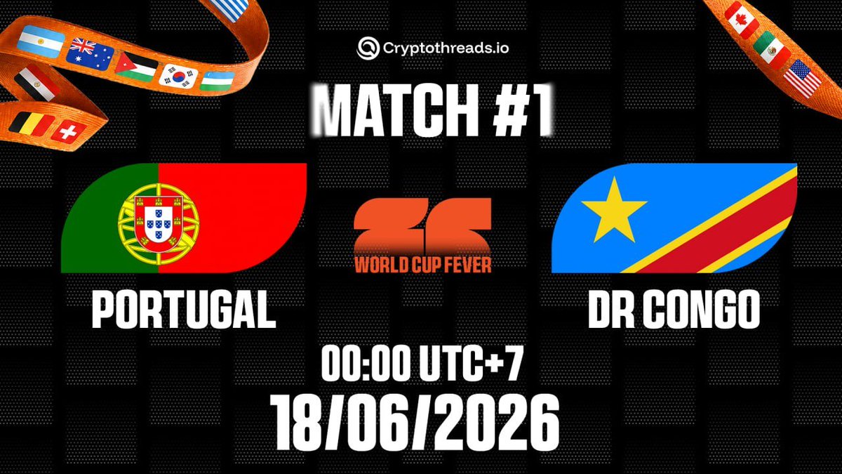 CryptoThreadsX's tweet photo. 🔥 https://t.co/5bYDDhxpbi World Cup Fever Campaign

⚽ Match Prediction #1

🇵🇹 Portugal vs DR Congo 🇨🇩

🗓 Kick-off: 00:00 UTC+7 — June 18

Who takes the win tonight?
Drop your prediction and join the game.

🎯 HOW TO PARTICIPATE
→ Like this post
→ Comment the team you think will win
→ Tag 2 friends to join

📊 SCORING
→ Correct prediction: +1 point
→ Wrong prediction: 0 points
No penalty. Just keep playing.

⏰ PREDICTIONS CLOSE WHEN THE MATCH KICKS OFF

Comments submitted after kick-off will not be counted.

Every match counts. The more friends you refer, the higher your score can climb.

Not in the game yet? Register here:
https://t.co/Pl10rGjeWN

#WorldCup2026 #CryptoThreads #PortugalVsDRCongo #Portugal #DRCongo