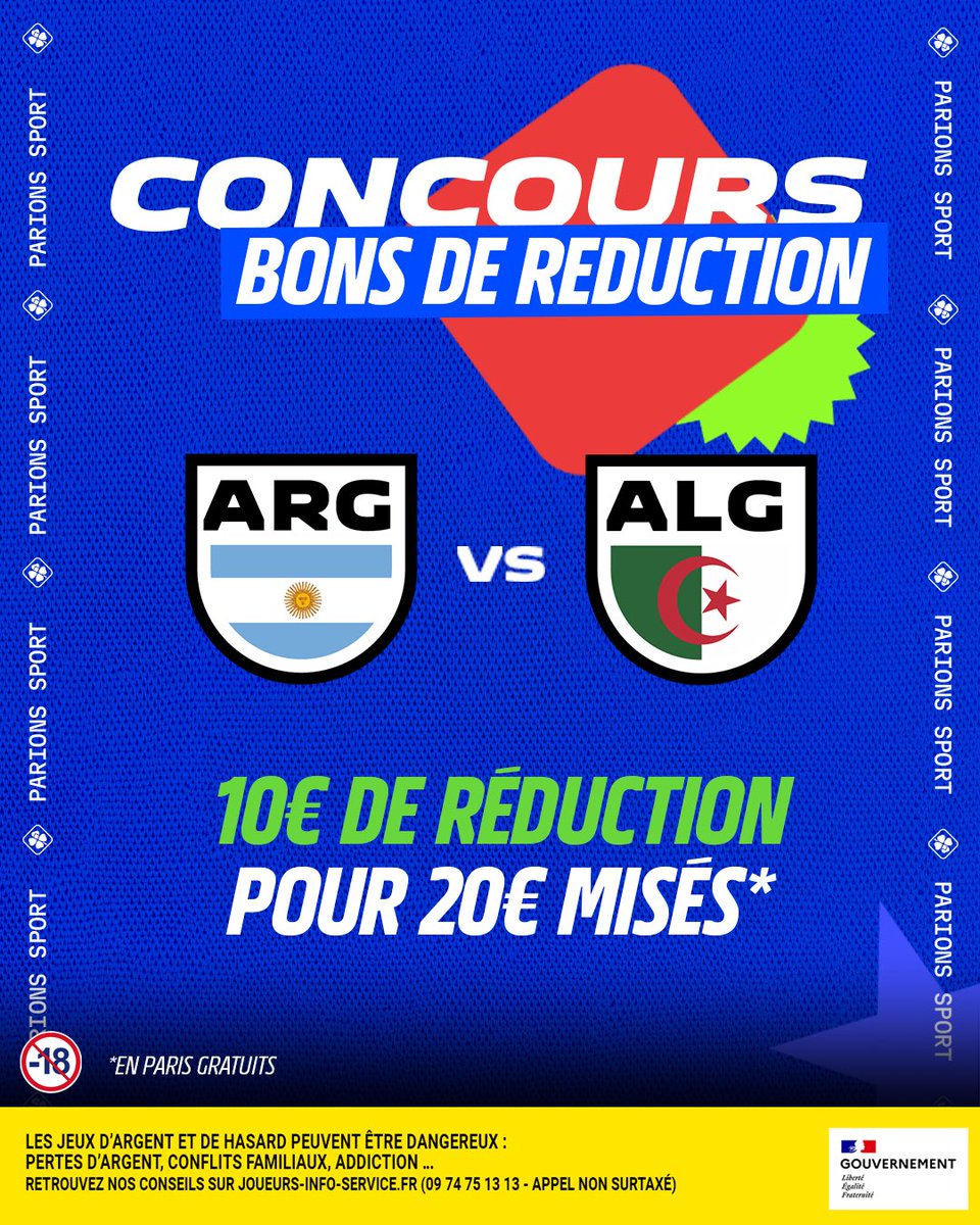 ParionsSport's tweet photo. 10 bons de réduction à gagner ! 🎁

Quel sera le score exact de ce Argentine-Algérie ? 🇦🇷🇩🇿

👉 RT &amp; follow @ParionsSport 
👉 Réponds avec #PronoParionsSport

📜 Règlement en bio
⏰ Fin du jeu : 02h00
🏆 Tirage au sort le 17/06

Bonne chance à tous ! 🍀 https://t.co/VOLrjhfz3f