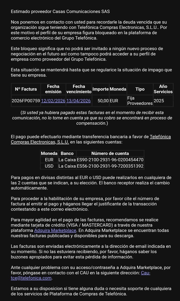 comunicasas's tweet photo. ¿Qué tal @Telefonica @PtelefonicaCol @TE_empresas cobrando por una aplicación fallida a una convocatoria de servicios, con amenaza y todo? @sicsuper favor investigar estas ilegalidades, porque estos creen que pueden hacer lo que quieran con las empresas locales. https://t.co/i7mlhXGMSS
