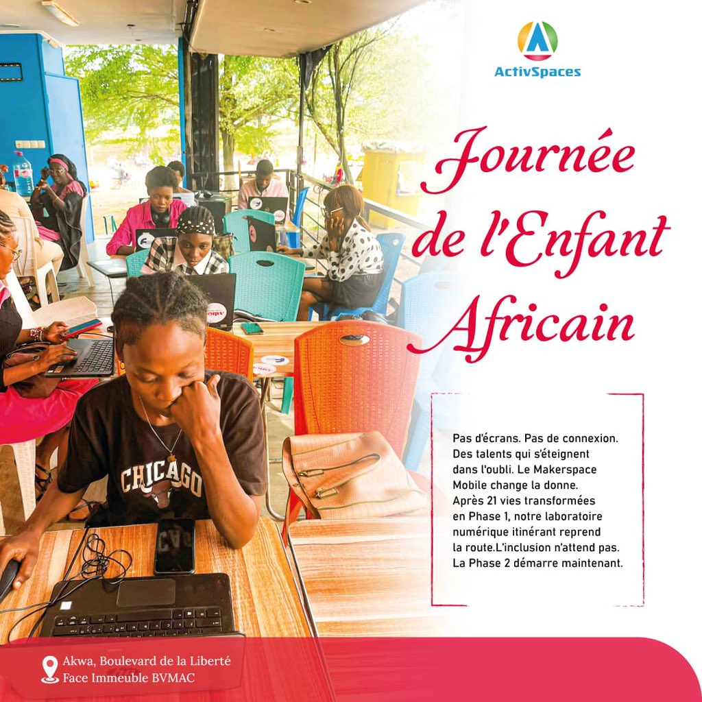 ActivSpaces's tweet photo. Chaque enfant est un potentiel innovateur.

En cette Journée de l’#Enfant Africain, nous célébrons la curiosité, la créativité et l’audace qui inspirent les bâtisseurs de demain.

Au #Makerspace, nous croyons que les grandes innovations naissent souvent des plus jeunes esprits. https://t.co/SXlI7A4z1y