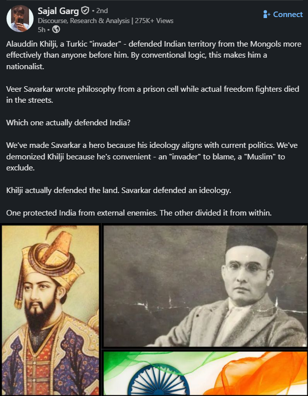 dibakardutta_'s tweet photo. This is the wildest thing that I read on LinkedIn today.

Distortians have shifted from Twitter, knowing well that their BS claims may find little to no contest on that job-seeking platform.

Can you believe comparision between Khilji and Savarkar, where the former is better? https://t.co/7LEYFezmOk