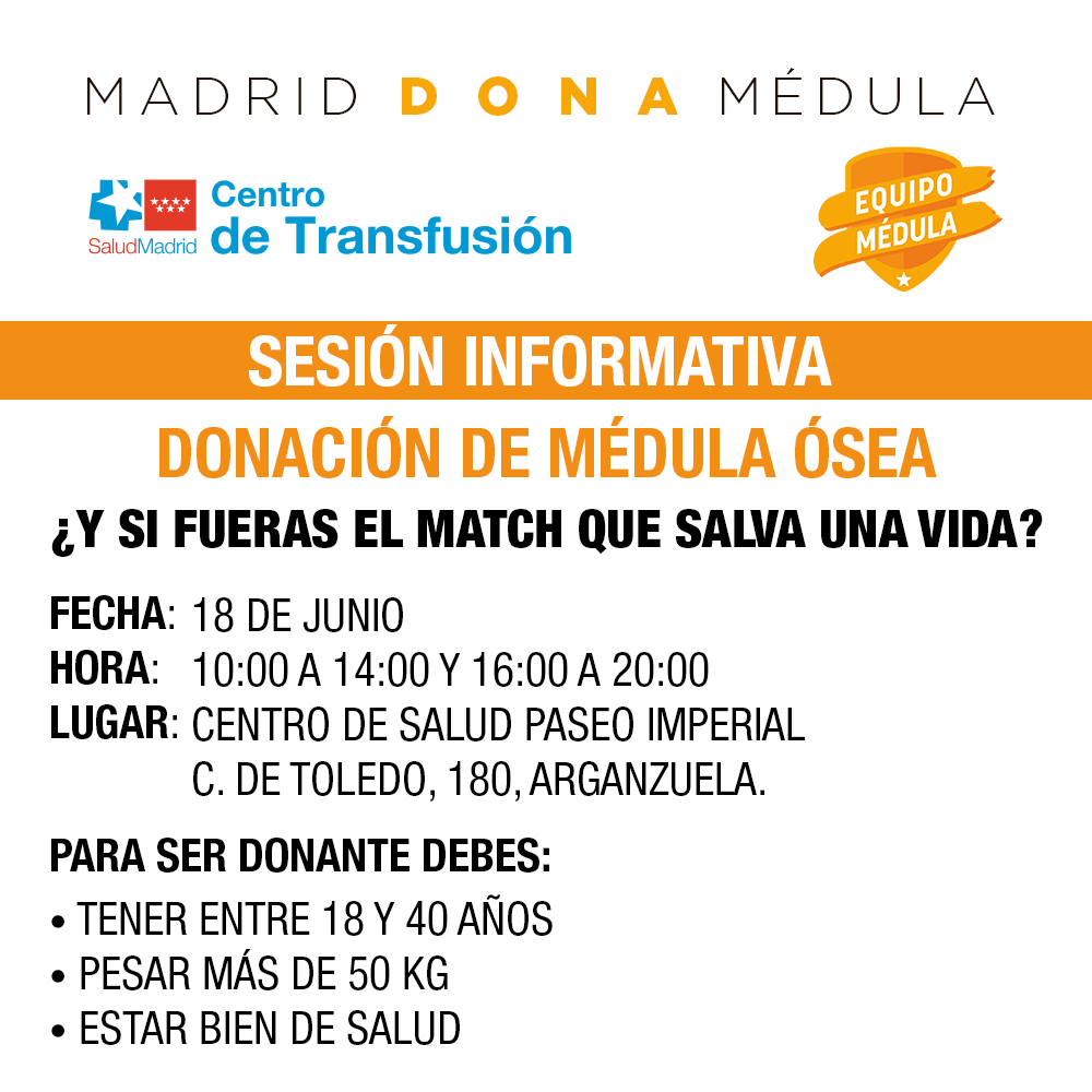 EquipoMedula's tweet photo. 🟠 Centro de Salud Paseo Imperial.
 18 de junio.

Sesión informativa sobre donación de médula ósea.
🟠 Un pequeño gesto, una gran diferencia

 ¿Y si fueras el match que alguien está esperando? https://t.co/bttW4EUDwn