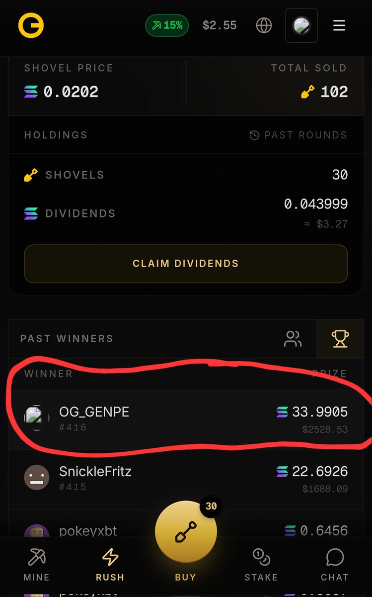 OG_GENPE's tweet photo. Just won a 34sol rush pot ($2528) with a $7 shovel buy. Just one of many reasons why @GODLsupply is the best SoV. $GODL devs constantly innovating and adding new ideas! https://t.co/biYrVG68yk