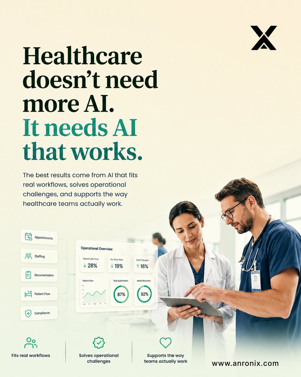 anronixtech's tweet photo. Healthcare doesn't have an AI shortage.

It has an implementation challenge.

AI delivers value when it solves a real operational problem and fits the way teams work.

🌐 https://t.co/8eF8yOMYWf

#Healthcare #HealthcareAI #Anronix https://t.co/0eCOYAUCT5