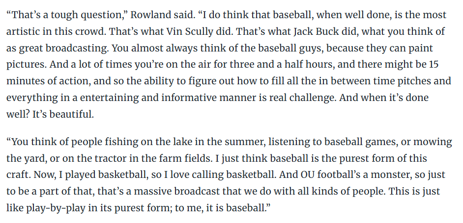 GeorgeStoia's tweet photo. I asked Toby Rowland which sport (football, basketball, baseball) he prefers to call. He said he doesn't have a favorite. 

But listening to him talk about baseball gave me goosebumps. 

"I just think baseball is the purest form of this craft."

Story ➡️ https://t.co/iVziV1tGOZ https://t.co/5vwB8boF2L