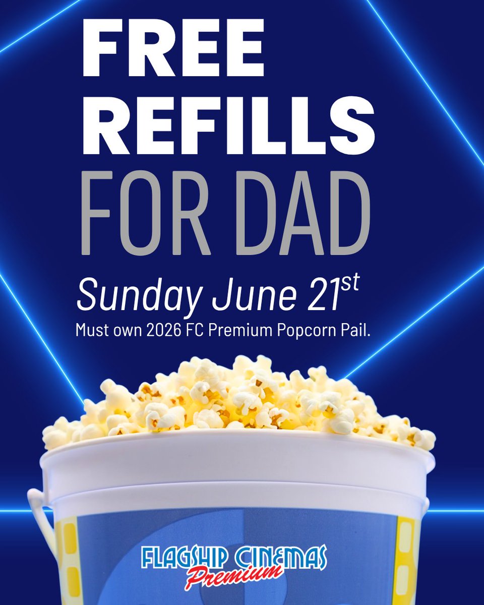 flagshiptweets's tweet photo. Dads love movies. 🎬Many of us learned the joy of going to the movies from our dad - being shown old classics and new blockbusters. So this Father's Day we will be offering FREE pail refills for Dad (and maybe he will share...after he takes his dad tax of course!) 🍿#fathersday https://t.co/yBJRwns9yp