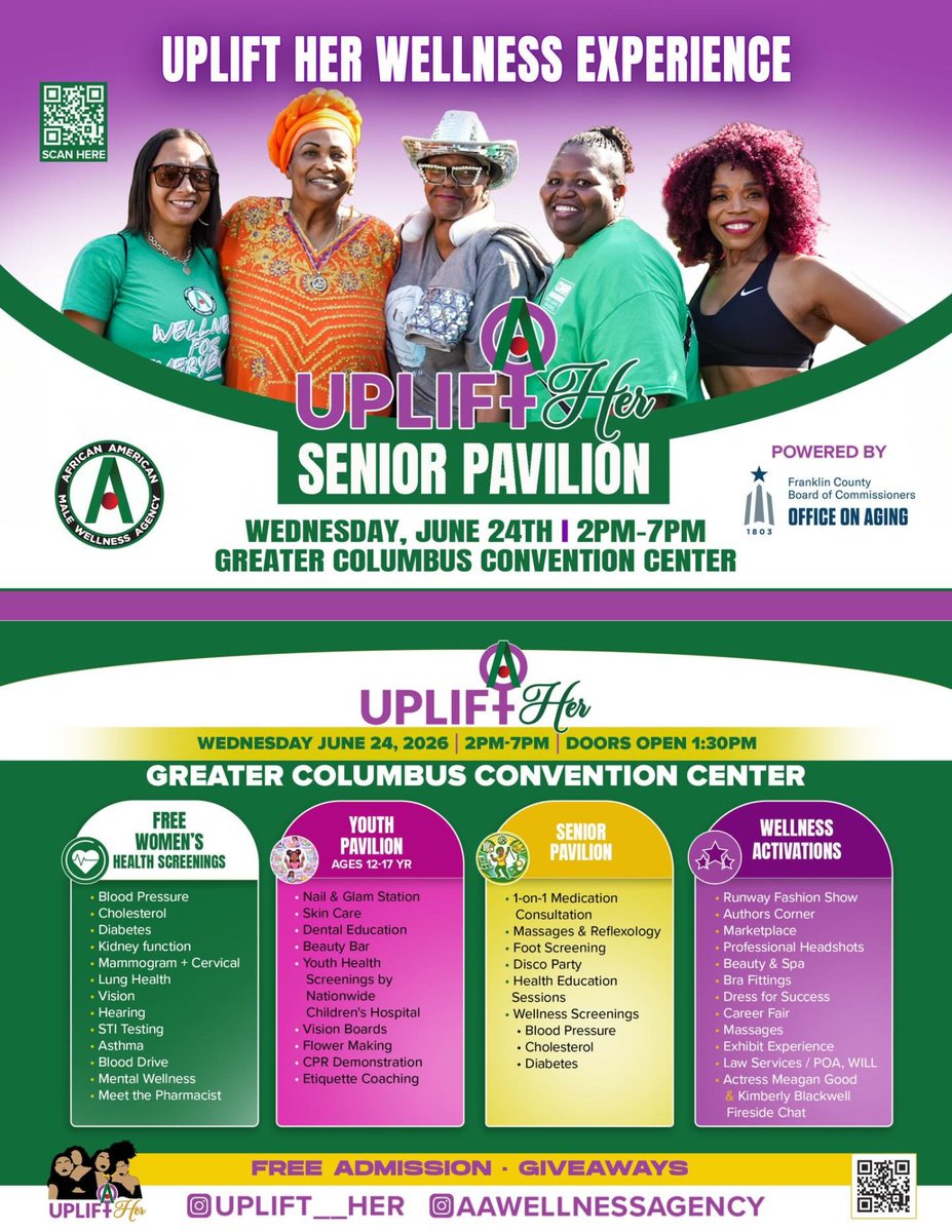 OfficeonAging's tweet photo. Uplift Her Wellness Experience 2026 is coming up!

Join us Wednesday, June 24, at the Greater Columbus Convention Center for free health screenings, wellness resources, giveaways and activities.

Register: https://t.co/HAzVVS4cjH

#UpliftHer2026 #SeniorWellness https://t.co/TMvsXf4gGA