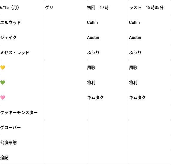UBB_shift's tweet photo. 6/15のまとめシフトです。
不明箇所の情報提供お待ちしております。
#UBBシフト
#アルティメット・ブルース・バッシュ https://t.co/pbh2lEwEhf