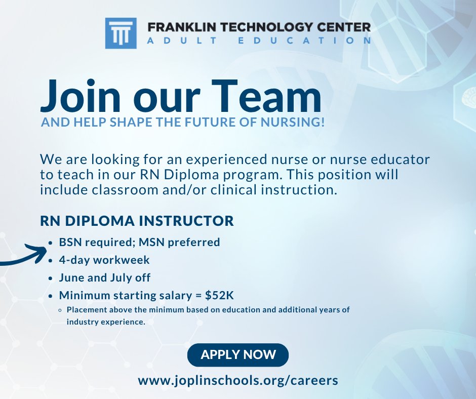 FTC_AdultEd's tweet photo. We’re looking for a dedicated instructor to support our RN Diploma program. Help us prepare students for meaningful careers in healthcare. Interested or know someone who is? Let us know! https://t.co/rOz2y3UBeF https://t.co/tLxnhLaZPO