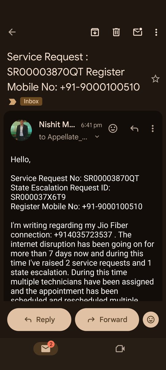 NishitMathur's tweet photo. @reliancejio @JioCare SR: SR00003870QT, State Escalation: SR000037X6T9 open for 9 days. Wrote to Appellate Auth twice but no resp. Inspite of quoting both SR No and RMN in subj line and email, inorder to avoid a response they say these details are not present in email. Pathetic. https://t.co/f2pboeAAOg